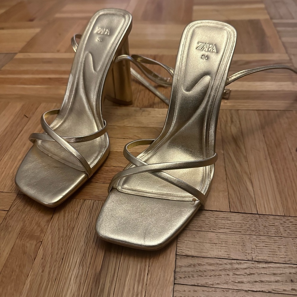 Zara Gold Strappy Sandals with Chunky Heels